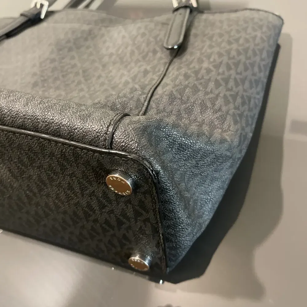 Michael Kors Jet Set MK Logo Black Leather Tote Bag Purse